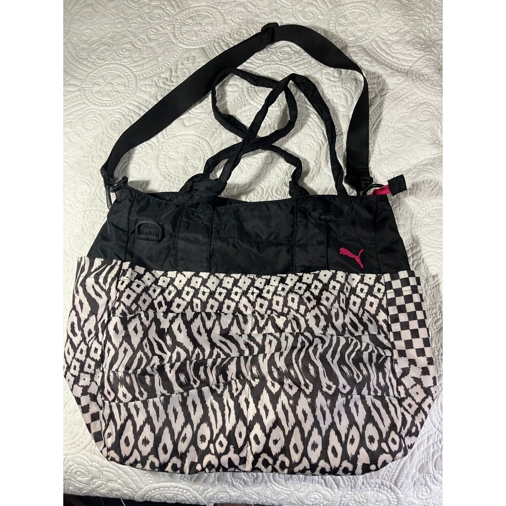 PUMA Sport Lifestyle Tote Bag  Black and White Pink Lining Pink Logo Gym Sports